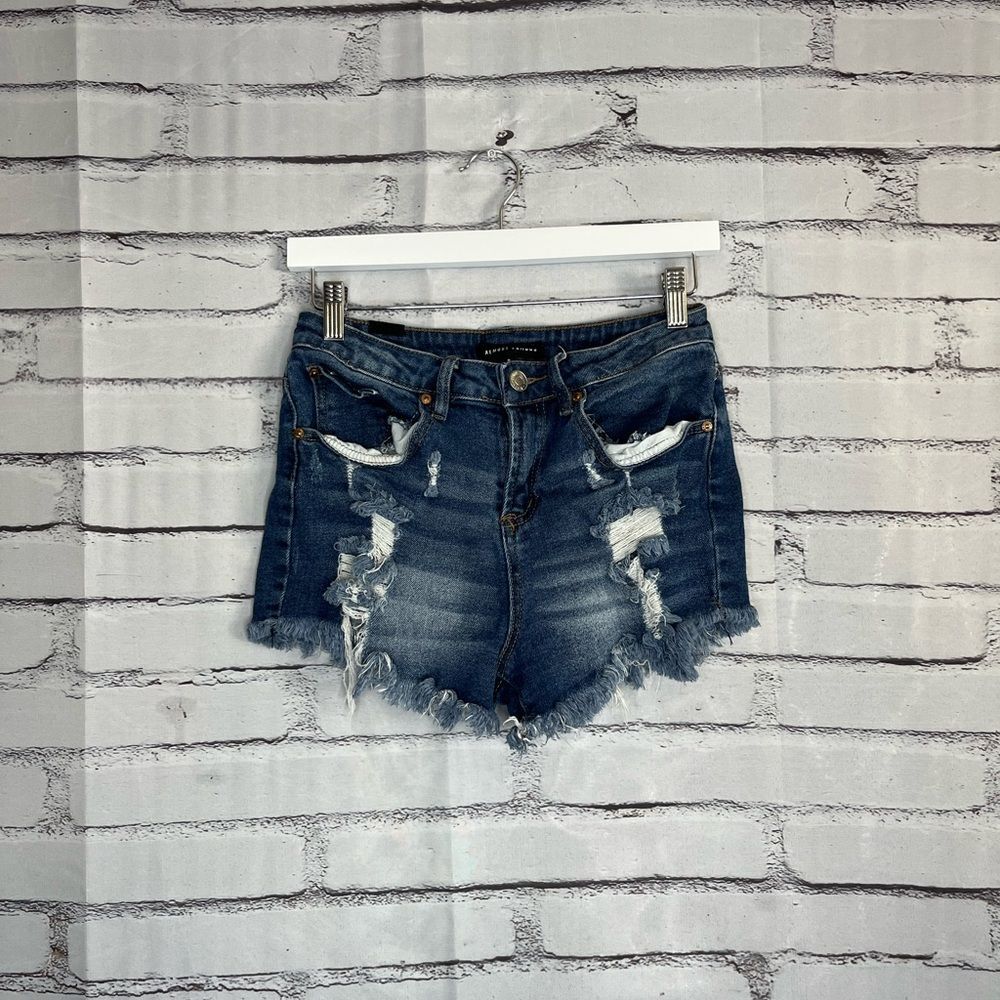 Almost Famous High Rise Denim Jean Shorts Size 3 Distressed Frayed Light Wash